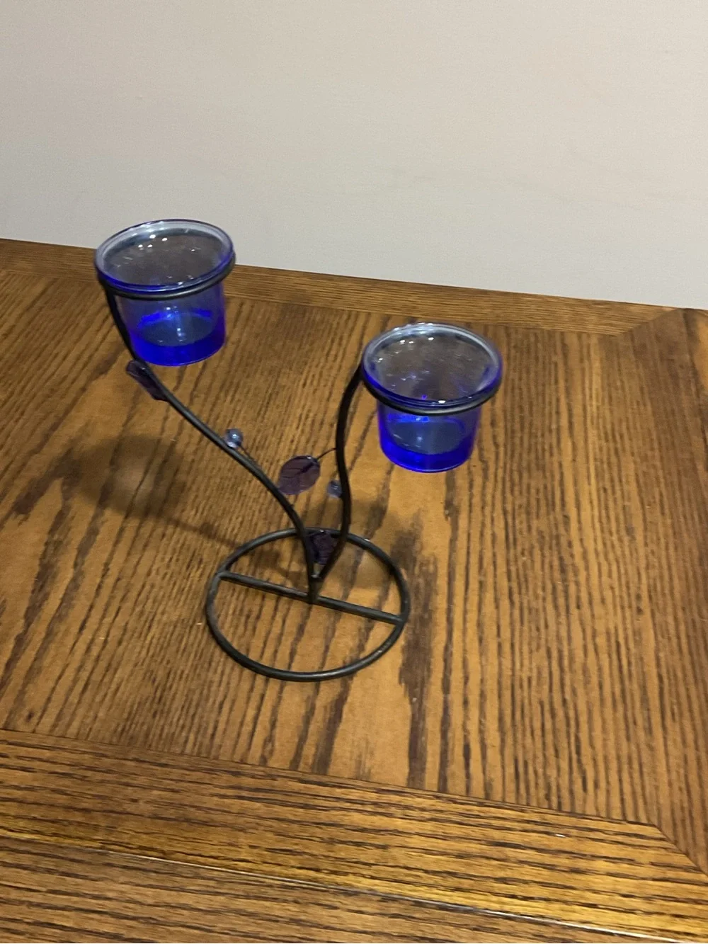 Blue Glass Tealight or Votive Holder with Decorative Metal Stand